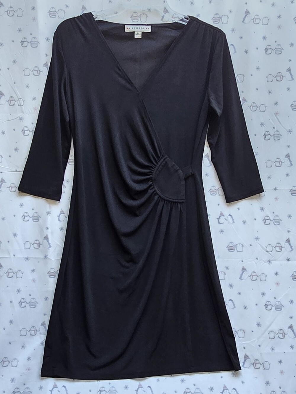AA Studio AA Black Faux-Wrap Ruched V-Neck Tunic 3/4 Sleeve. 6P